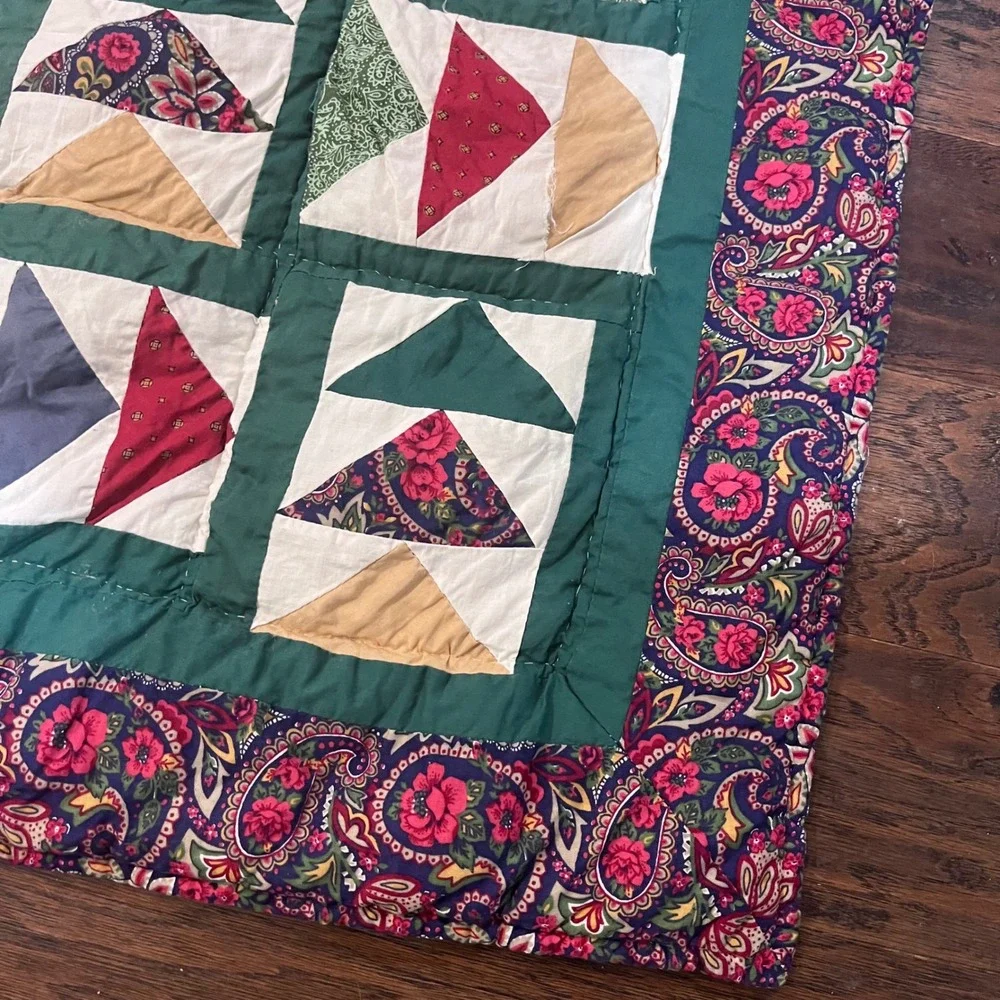 Vtg Flying Geese Patchwork Quilt Handmade Green Paisley Floral 82x84 Farmhouse
